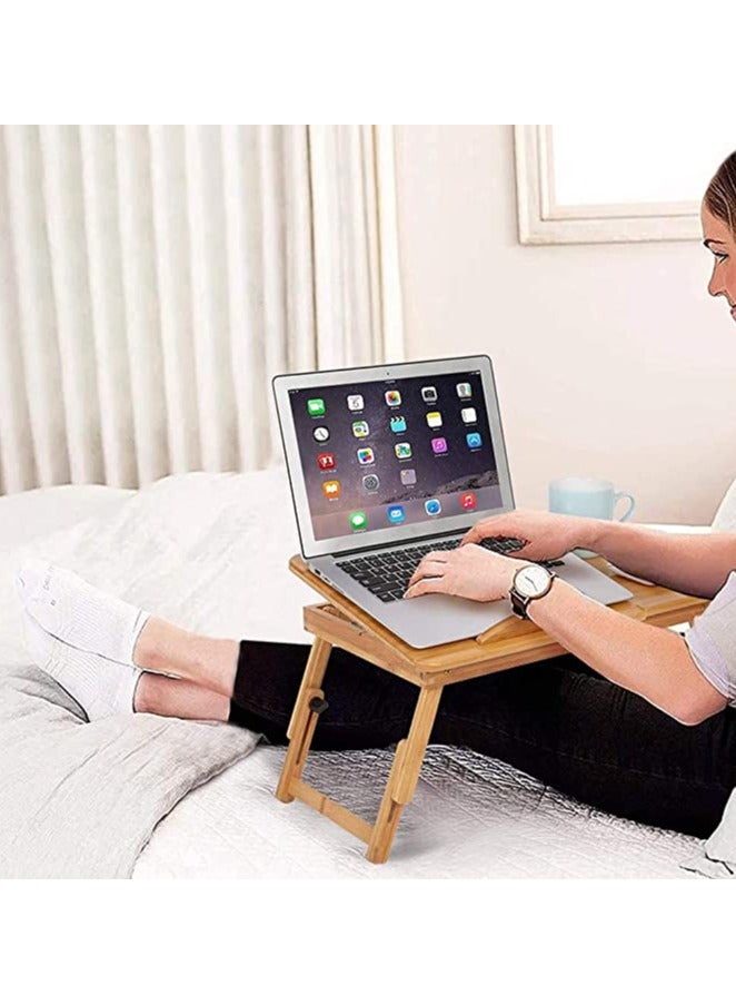 HOME TASTE Foldable Bamboo Laptop Table with Side Drawer Adjustable Portable Breakfast Serving Tray with Folding Legs - Image 5