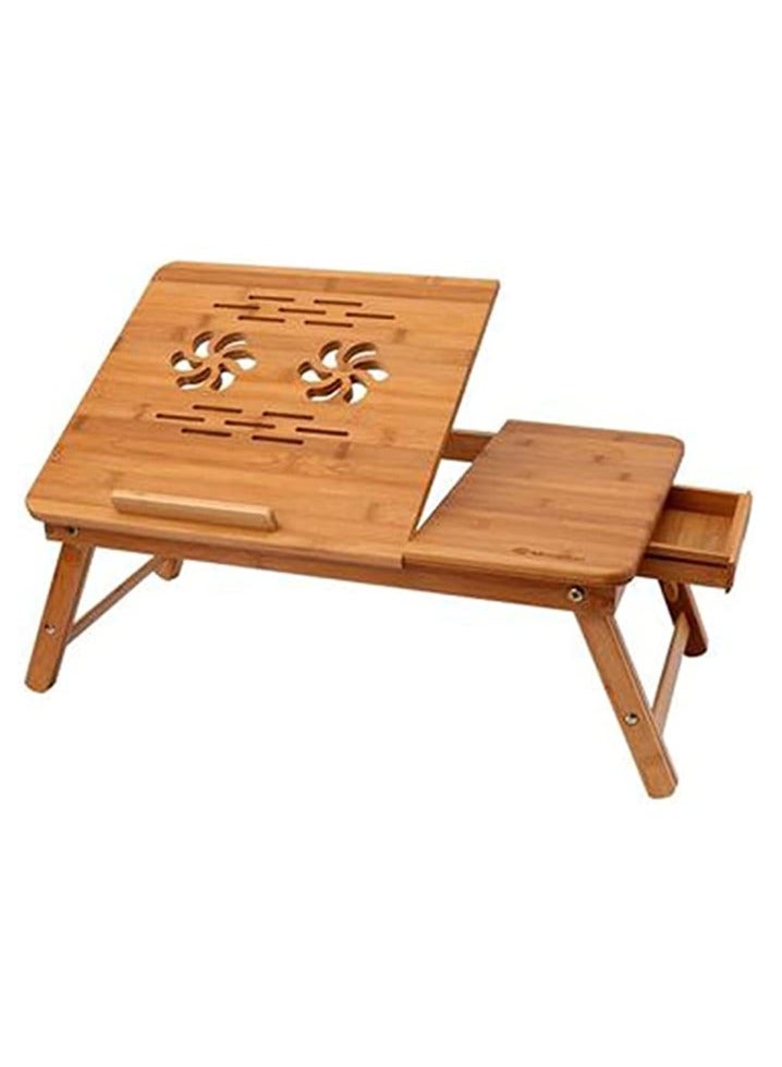 HOME TASTE Foldable Bamboo Laptop Table with Side Drawer Adjustable Portable Breakfast Serving Tray with Folding Legs - Image 1