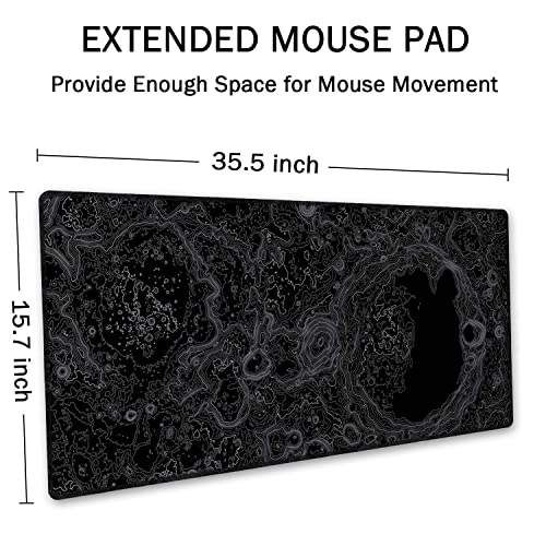 SSOIU Moon Topographic Map Extended Mouse Pad, XXL Gaming Mouse Pads, Large Big Mousepad Laptop Computer Keyboard Mat Desk Pad with Non-Slip Base Stitched Edge for Gaming Office, 35.5 x 15.7 inch - Image 2