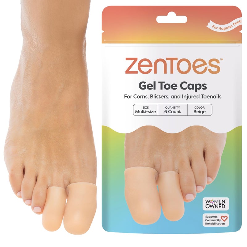 ZenToes 6 Pack Gel Toe Cap and Protector Cushions and Protects to Provide Relief from Missing or Ingrown Toenails Corns Blisters Hammer Toes Variety Beige