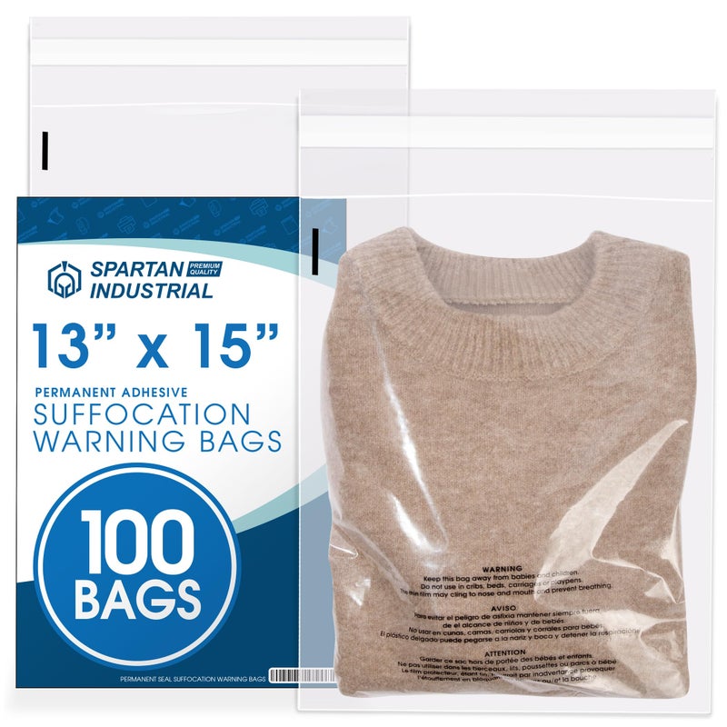 Spartan Industrial Spartan Industrial  13 X 15 100 Count Self Seal Clear Poly Bags with Suffocation Warning for Packaging T Shirts  Shipping Permanent Adhesive