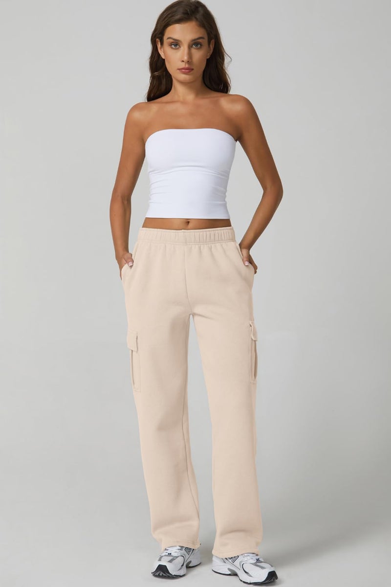 QINSEN Plus Size Womens Elastic Waist Sweatpants Long Fleece Cargo Pants for Leisure XL Beige - Image 4