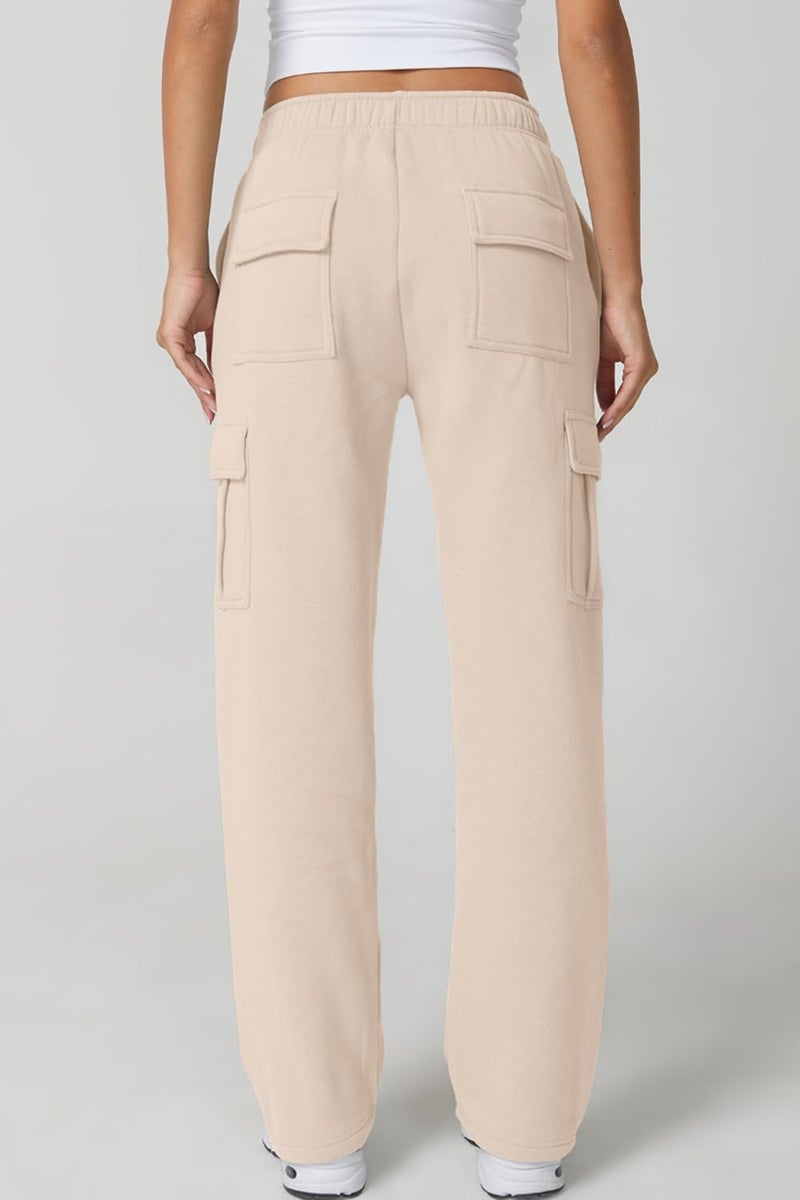 QINSEN Plus Size Womens Elastic Waist Sweatpants Long Fleece Cargo Pants for Leisure XL Beige - Image 3