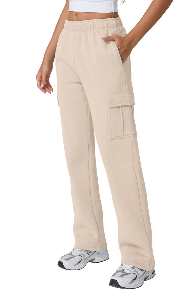 QINSEN Plus Size Womens Elastic Waist Sweatpants Long Fleece Cargo Pants for Leisure XL Beige - Image 1