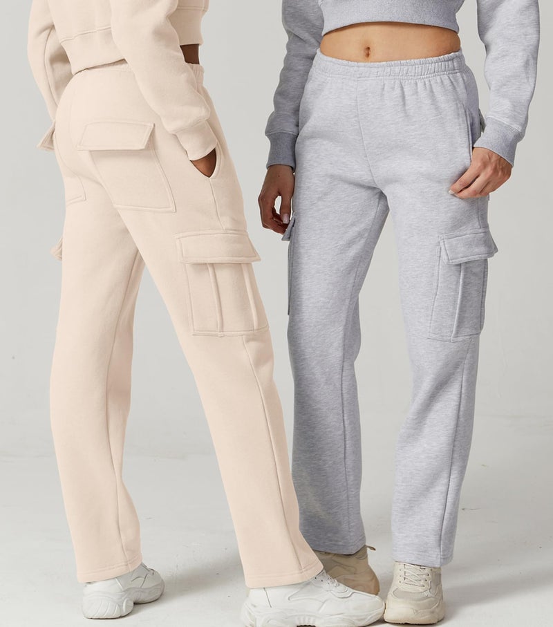 QINSEN Plus Size Womens Elastic Waist Sweatpants Long Fleece Cargo Pants for Leisure XL Beige - Image 5