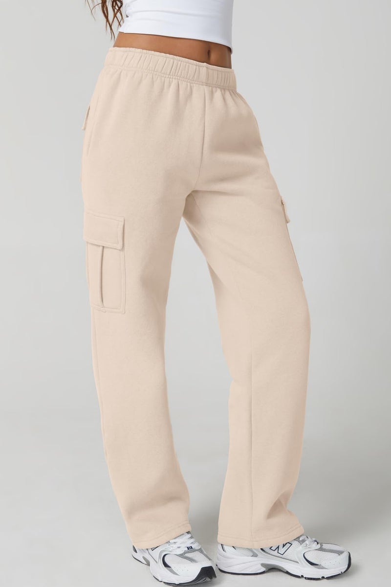 QINSEN Plus Size Womens Elastic Waist Sweatpants Long Fleece Cargo Pants for Leisure XL Beige - Image 2