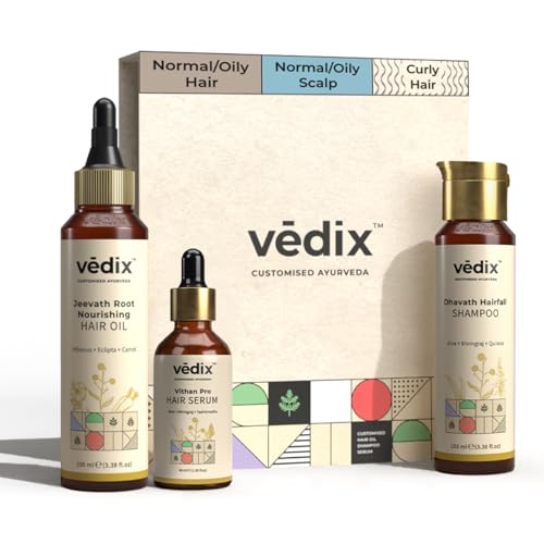 Vedix Customized Hair Fall Control Regimen For Normal/Oily/Scalp - Curly Hair, Ayurvedic Hair Care - 3 Product Kit + Eclipta - Anti-Hairfall Shampoo - Hair Growth Serum - Image 1
