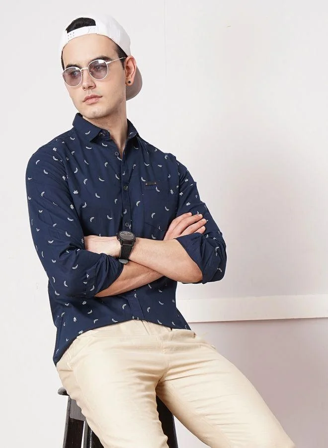 شركة المرآب الهندية Men Slim Fit Graphic Print Full Sleeves Spread Collar Casual Shirt