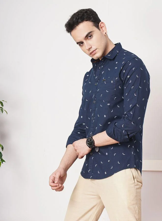 شركة المرآب الهندية Men Slim Fit Graphic Print Full Sleeves Spread Collar Casual Shirt