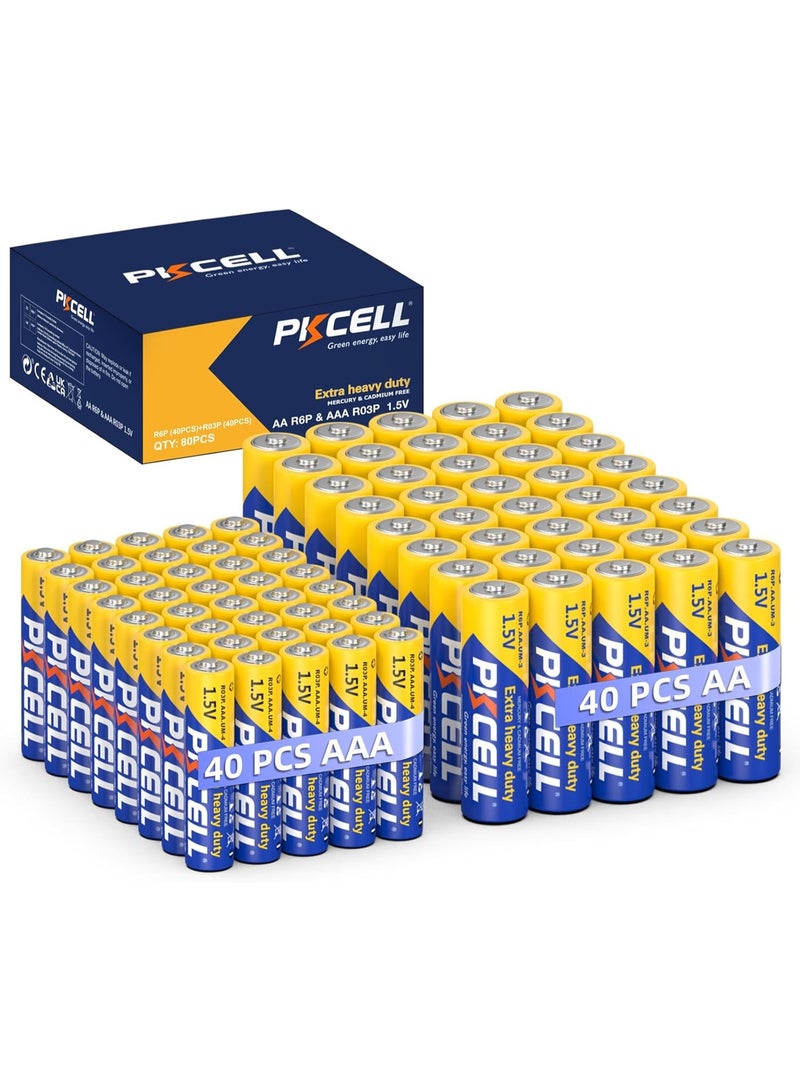 PKCELL AA Batteries & AAA Batteries 80 Count, 40 Double A Batteries and 40 Triple A Batteries Combo Pack, 1.5V High-Performance Carbon Battery - Image 1
