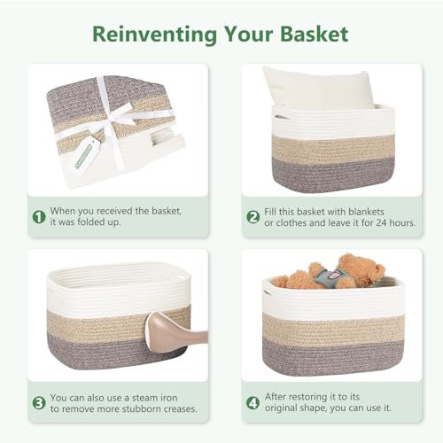 ECDYQXVU Cotton Rope Storage Basket, 15x10x9 Inches, Woven Basket for Shelves, Clothes, Toys, Towels, Books, and Laundry, Durable and Stylish, White (2 Pack) - Image 3