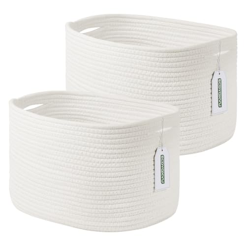 ECDYQXVU Cotton Rope Storage Basket, 15x10x9 Inches, Woven Basket for Shelves, Clothes, Toys, Towels, Books, and Laundry, Durable and Stylish, White (2 Pack) - Image 1
