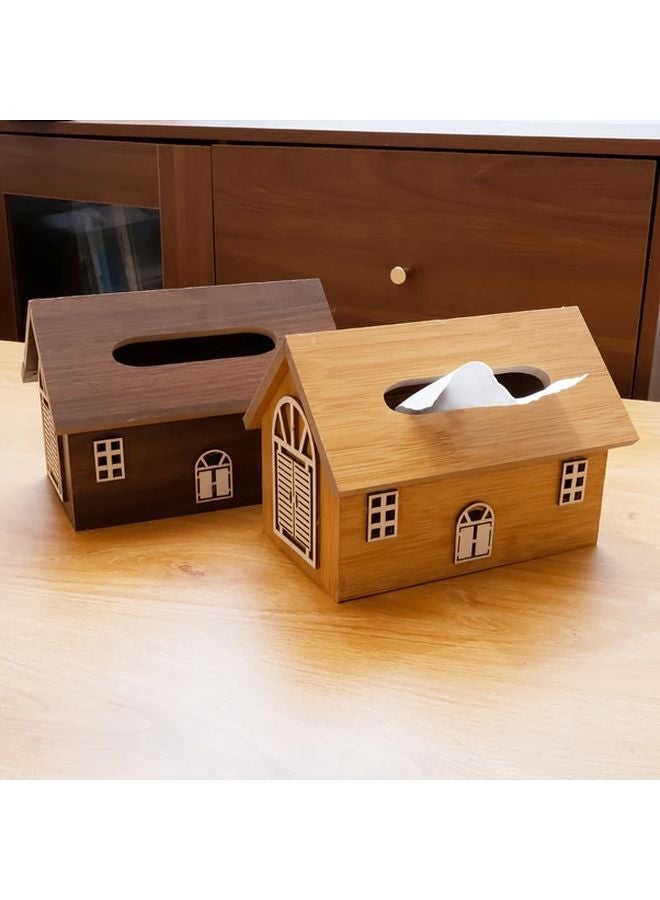 Walnut Color Wood Grain House Shaped Tissue Box Vintage Style Storage Tray - Image 2
