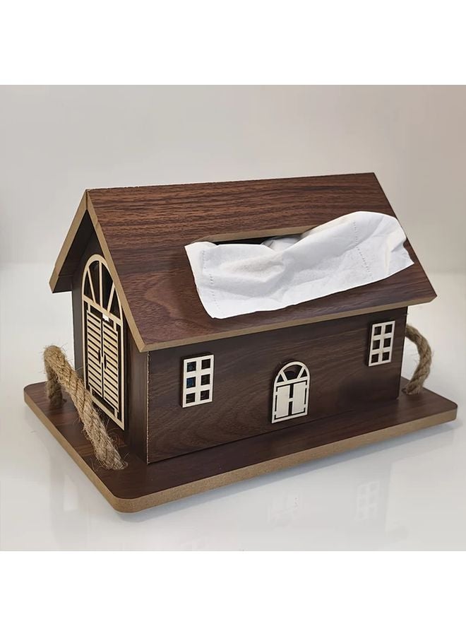 Walnut Color Wood Grain House Shaped Tissue Box Vintage Style Storage Tray - Image 1
