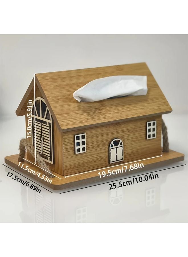 Walnut Color Wood Grain House Shaped Tissue Box Vintage Style Storage Tray - Image 4