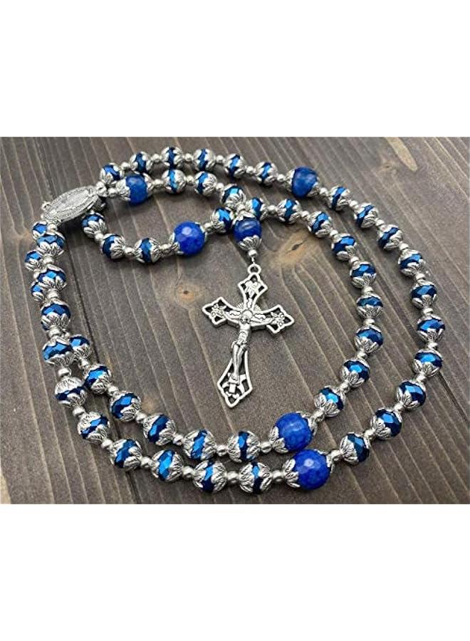 Arabest Store Deep Blue Crystal Beads Rosary Blue Agate Glory Stone Beaded Necklace Miraculous Medal & Cross Crucifix Religious Rosaries Collection - Image 2
