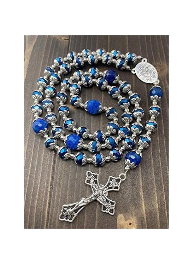 Arabest Store Deep Blue Crystal Beads Rosary Blue Agate Glory Stone Beaded Necklace Miraculous Medal & Cross Crucifix Religious Rosaries Collection - Image 3