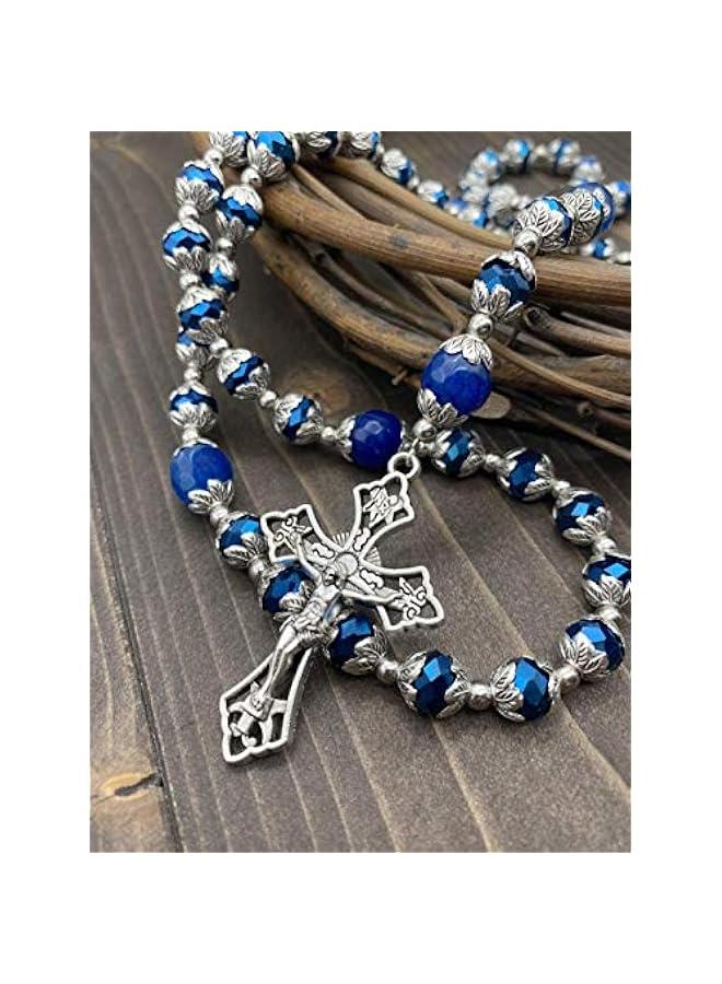 Arabest Store Deep Blue Crystal Beads Rosary Blue Agate Glory Stone Beaded Necklace Miraculous Medal & Cross Crucifix Religious Rosaries Collection - Image 4