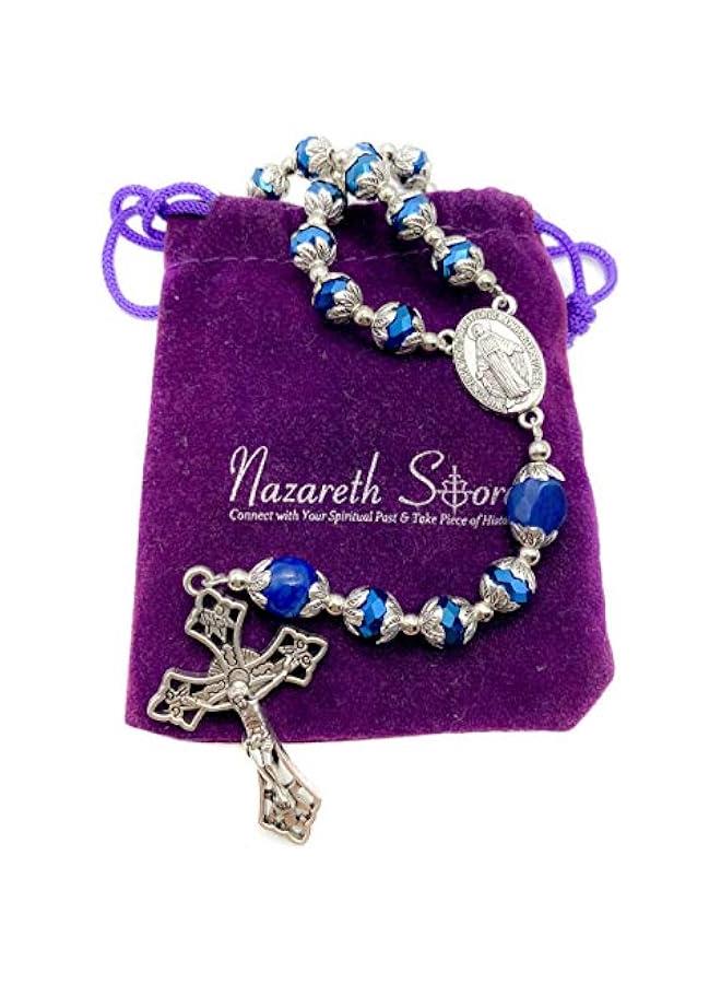 Arabest Store Deep Blue Crystal Beads Rosary Blue Agate Glory Stone Beaded Necklace Miraculous Medal & Cross Crucifix Religious Rosaries Collection - Image 5