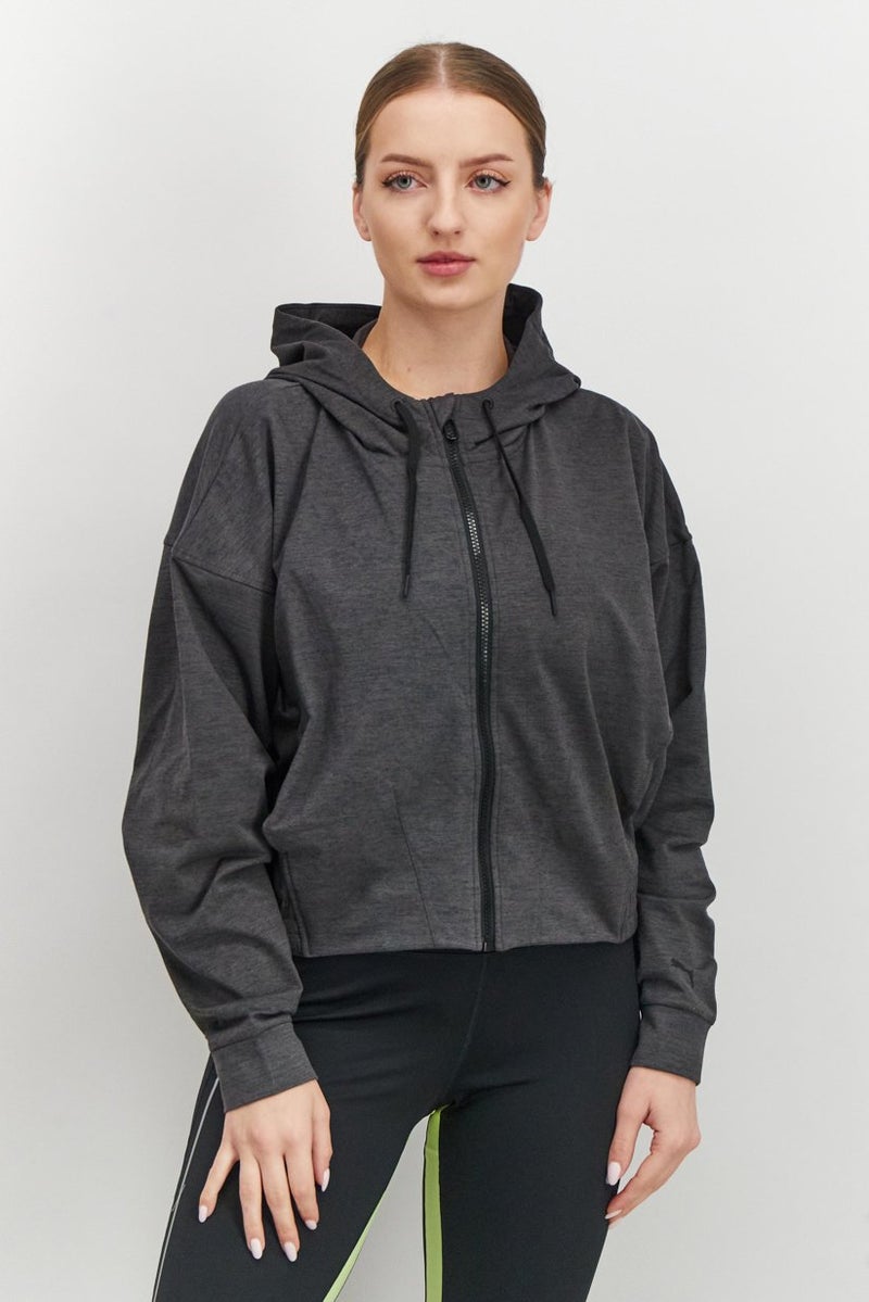 PUMA جاكيت تدريب بغطاء رأس بسحاب كامل للنساء، أسود هيثر - Image 1