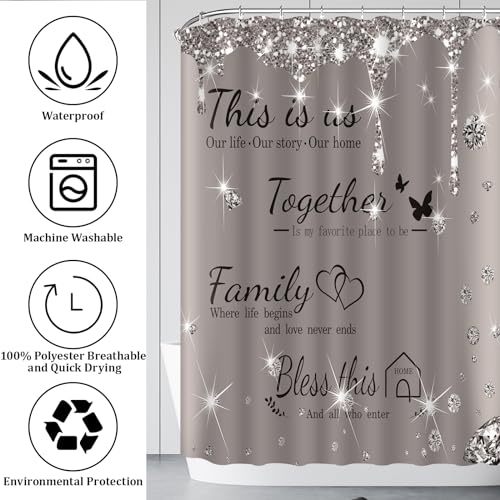 juwute 4Pcs Family Shower Curtain Sets with Non-Slip Rugs, Toilet Lid Cover and Bath Mat,Grey Glitter Diamond Home Bathroom Decor Set Accessories Waterproof Shower Curtains with 12 Hooks, 72 x 72 Inch - Image 5