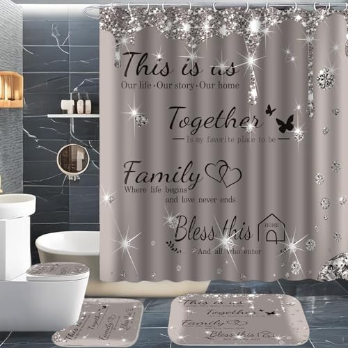 juwute 4Pcs Family Shower Curtain Sets with Non-Slip Rugs, Toilet Lid Cover and Bath Mat,Grey Glitter Diamond Home Bathroom Decor Set Accessories Waterproof Shower Curtains with 12 Hooks, 72 x 72 Inch - Image 1