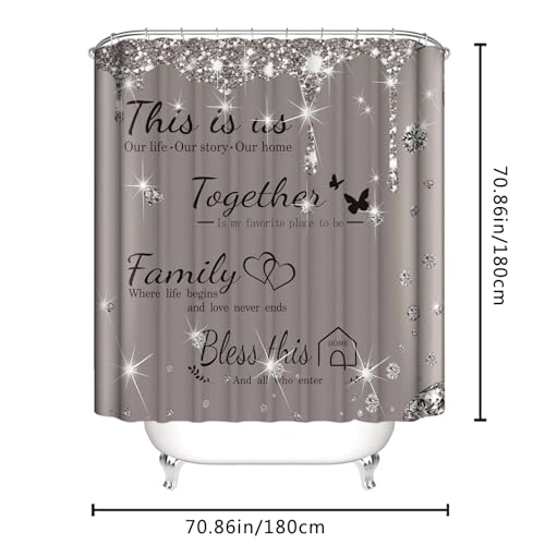 juwute 4Pcs Family Shower Curtain Sets with Non-Slip Rugs, Toilet Lid Cover and Bath Mat,Grey Glitter Diamond Home Bathroom Decor Set Accessories Waterproof Shower Curtains with 12 Hooks, 72 x 72 Inch - Image 3