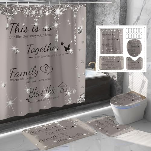 juwute 4Pcs Family Shower Curtain Sets with Non-Slip Rugs, Toilet Lid Cover and Bath Mat,Grey Glitter Diamond Home Bathroom Decor Set Accessories Waterproof Shower Curtains with 12 Hooks, 72 x 72 Inch - Image 2