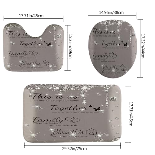 juwute 4Pcs Family Shower Curtain Sets with Non-Slip Rugs, Toilet Lid Cover and Bath Mat,Grey Glitter Diamond Home Bathroom Decor Set Accessories Waterproof Shower Curtains with 12 Hooks, 72 x 72 Inch - Image 4