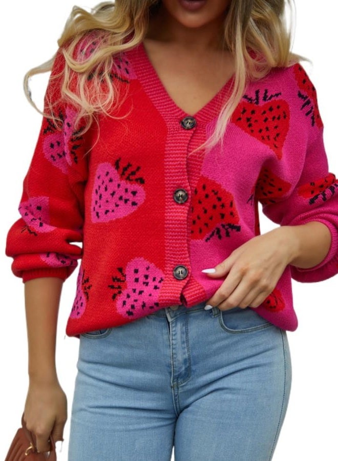 Sumleno Women's Cute Strawberry Graphic Cardigan Sweaters Button Down Color Block Knit Jacket Trendy Y2K Aesthetic Preppy Clothes (Red,L) - Image 1