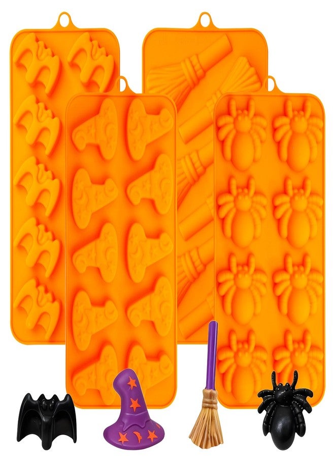 Fchil Halloween Silicone Molds for Chocolate, 4 Pack Candy Molds with Bat, Witch Hat, Broom, Spider Shapes, Orange - Image 1