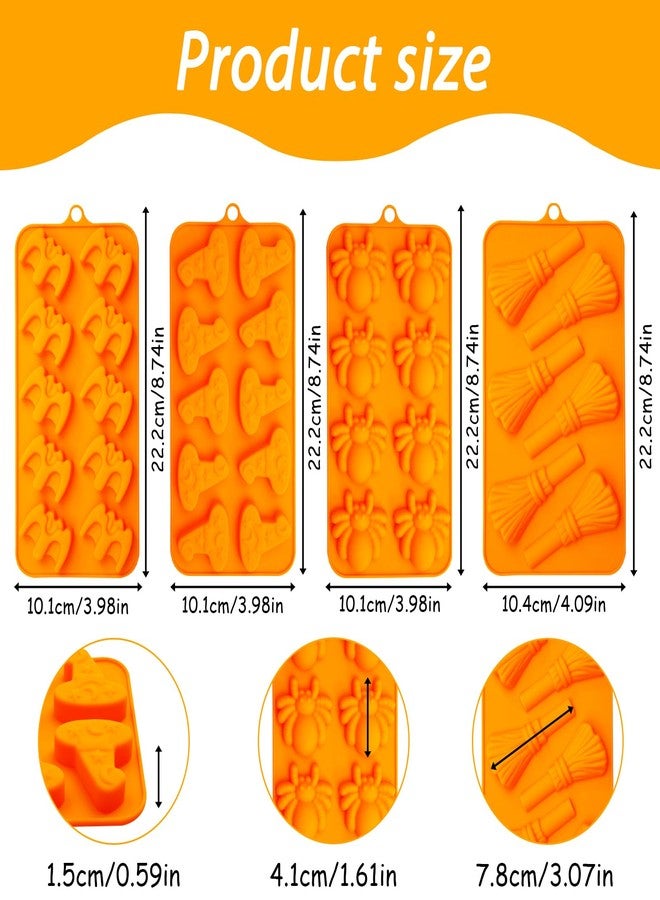 Fchil Halloween Silicone Molds for Chocolate, 4 Pack Candy Molds with Bat, Witch Hat, Broom, Spider Shapes, Orange - Image 2