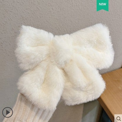 Generic Plush Big Bow Hairpin Velvet Back Head Hairpin Ins Korean Style Headwear Furry Clip Top Clip Hair Accessories White-Plush Large Bow Hairpin