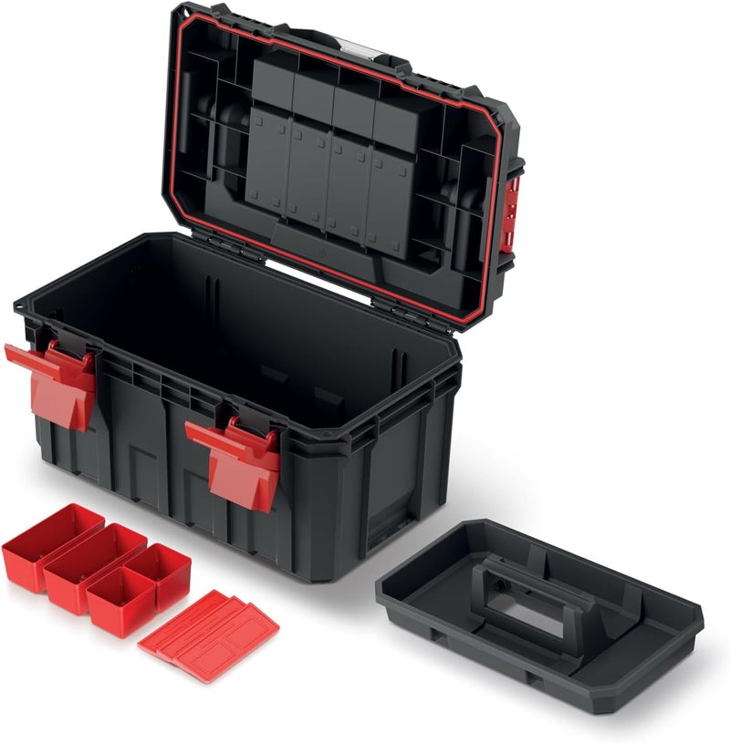 Tool Box with Tool Carrier, Dividers, Ergonomic Handle, Clamp Clasps, Plastic, 45 x 28 x 26.4 cm