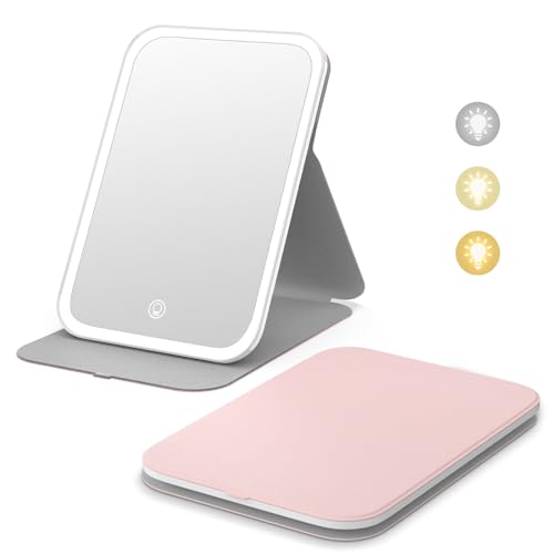 Kintion Travel Makeup Mirror, Portable LED Lighted Makeup Mirror, 360° Rotation Touch Screen Vanity Mirror, 60 LEDs, 3-Color Dimmable Lighting, Rechargeable Tabletop Folding Cosmetic Mirror, Pink - Image 1