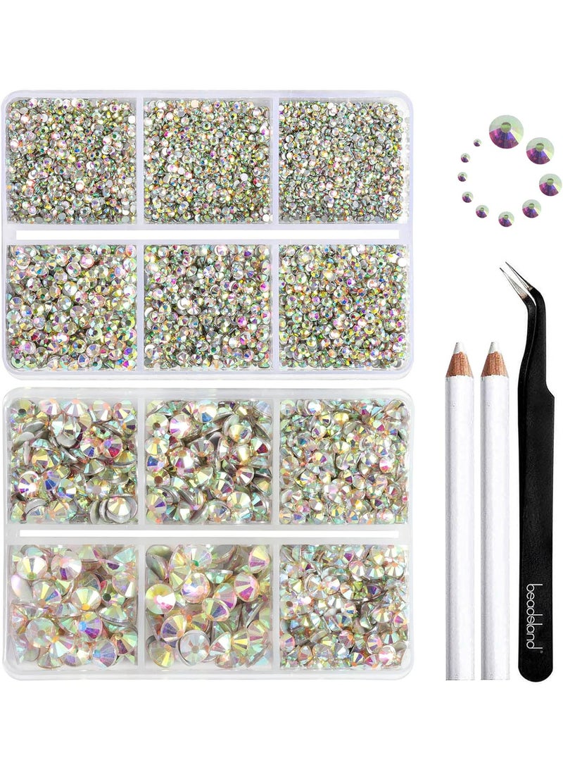 BEADSLAND Beadsland 8300PCS Flatback Rhinestones, AB Crystal Rhinestone Round Crystal Rhinestones for Crafts, Mixed 10 Sizes with Wax Pencil and Tweezer Kit, SS3-SS30, Crystal AB 