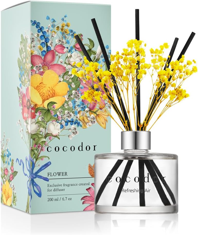 كوكودور ناشر عطر بالقصب بزهرة حقيقية محفوظة / هواء منعش / 6.7 أونصة (200 مل) / عبوة واحدة / طقم ناشر عطر، موزع زيت وأعواد ناشر عطر، ديكور المنزل والمكتب، عطر وهدايا - Image 1