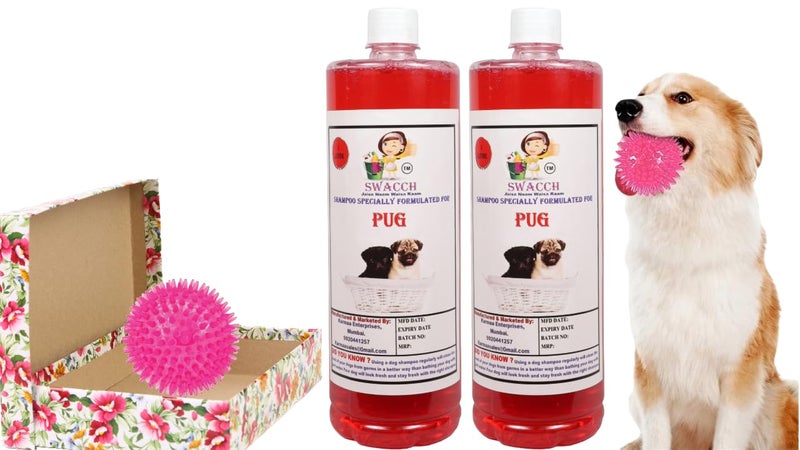 swacch Shampoo | Puppy Safe Shampoo | PH Balanced | Ditch to Itch for Pug Dog Shampoo 2 Litre (Jasmine) + Spike Ball Chew Toy Combo Pack - Image 1