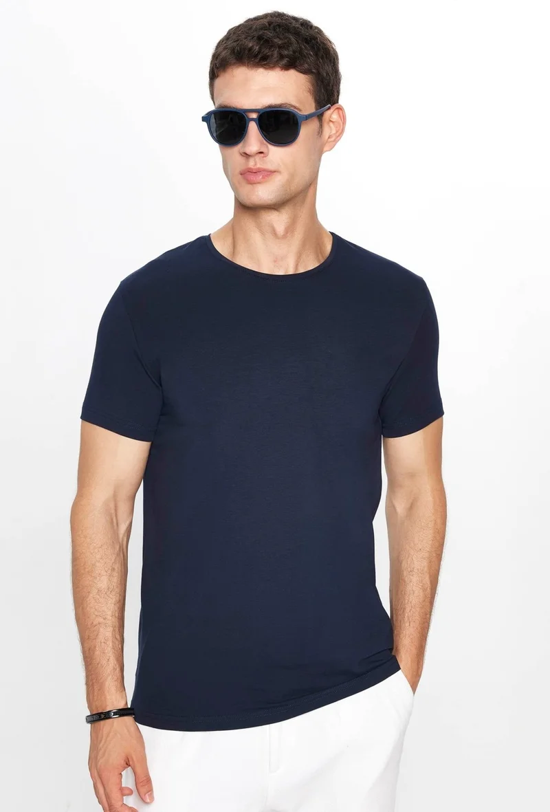 Tudors Men's Slim Fit Slim Cut Cotton Soft Texture Flexible Fabric Plain Basic Navy Blue Crew Neck T-Shirt