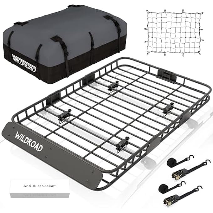 rayihni WILDROAD Car Roof Cargo Basket Combo of Upgraded 64"x 39"x 4" Roof Rack Cargo Basket with 21 Cubic ft Waterproof Cargo Bag, Cargo Net, Ratchet Straps and Anti-Rust Sealant, WR-64-COMBO - Image 1