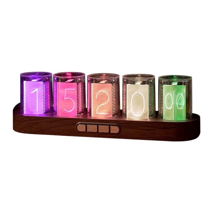 SIMULATION NIXIE TUBE CLOCK RGB DESK CLOCK LED TUBE DESK CLOCK WITH IMITATION WOOD BASE 24 HOUR CLOCK SUITABLE FOR DECORATING UNDER COMPUTER MONITOR ON BEDSIDE TABLE IN BEDROOM
