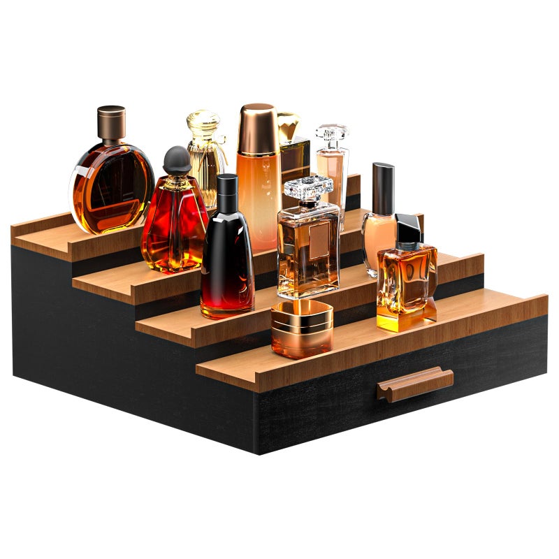 Sephyroth Cologne Organizer for Men 4 Tier of Elevated Cologne Display Shelf with Drawer Storage Perfume Organization and Storage Display Risers,Great Gift for Man(4Tier-BlackWalnut) - Image 1