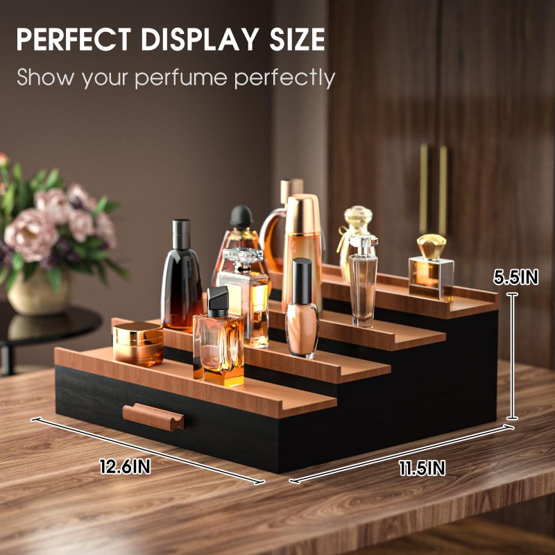 Sephyroth Cologne Organizer for Men 4 Tier of Elevated Cologne Display Shelf with Drawer Storage Perfume Organization and Storage Display Risers,Great Gift for Man(4Tier-BlackWalnut) - Image 4