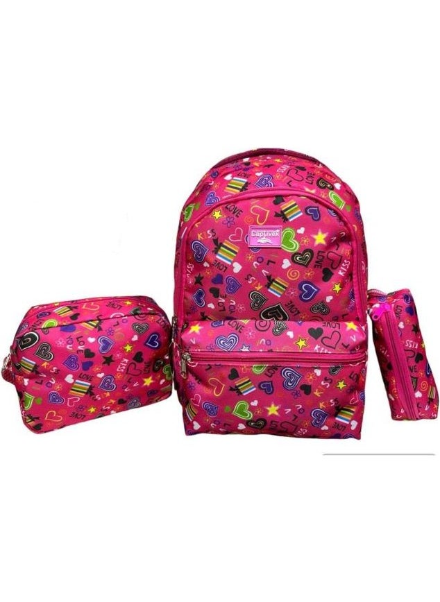 SmartFox 572 Heart Girl School Bag Set of 3 with Pencil Case and Lunch Box 