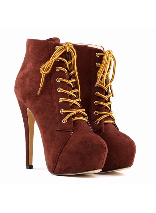 Loquat Short Shaft Ankle Strap Platform Ultra High Heel Martens Boots 14cm Coffee  - Image 3