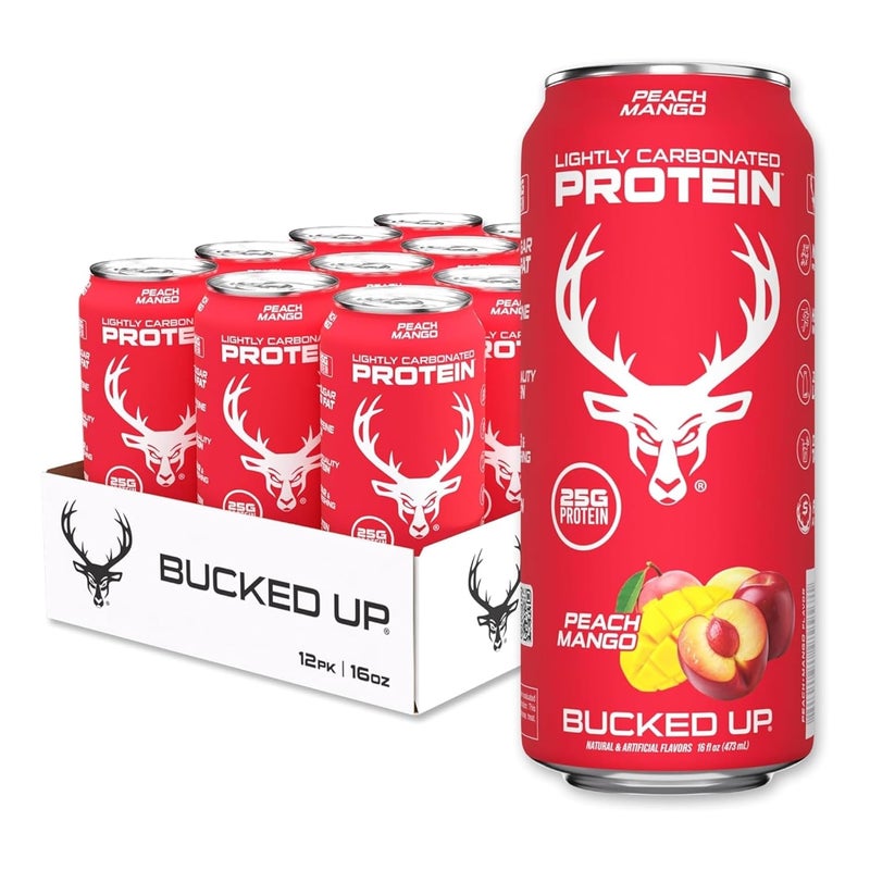 Bucked Up Lightly Carbonated Protein Drink – Peach Mango, 473ml - Image 1
