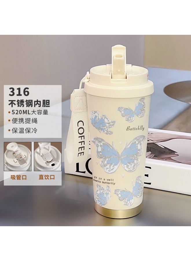 New 316 Stainless Steel Large-capacity Insulated Water Cup Simple Butterfly Coffee Cup With Handle Portable Straw Cup
