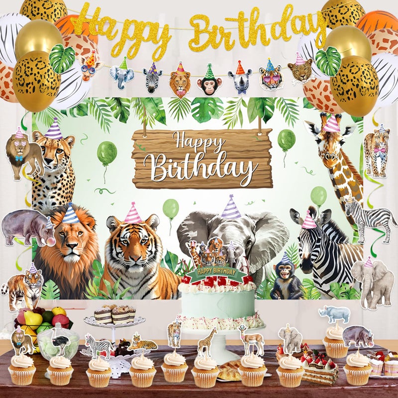 Roetyce Safari Animals Birthday Party Decorations, Jungle Wild Animals Happy Birthday Banner Balloons Hanging Swirls Cake Topper Kit, Safari Themed Birthday for Kids Photo Background Backdrop - Image 3