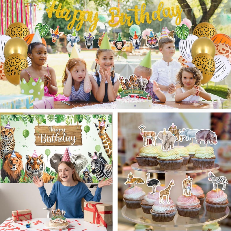 Roetyce Safari Animals Birthday Party Decorations, Jungle Wild Animals Happy Birthday Banner Balloons Hanging Swirls Cake Topper Kit, Safari Themed Birthday for Kids Photo Background Backdrop - Image 5