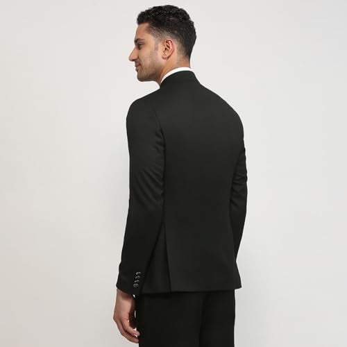 Raymond Men Regular Fit Solid Pattern Polyester Viscose Elastane Blend Stand Collar Full Sleeve Festive Jacket Black - Image 4